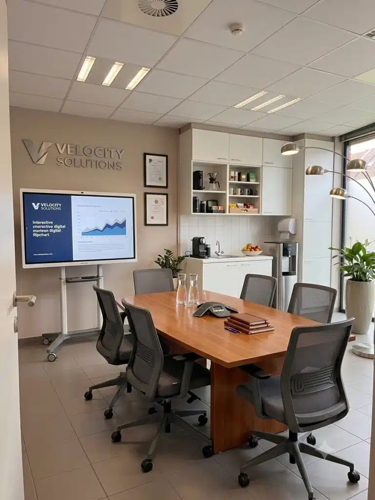 AI-beeld: het kantoor in Gentbrugge met een vergaderopstelling en scherm